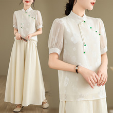 中国风提花短袖衬衫女2024夏季新款百搭显瘦文艺复古盘扣小衫上衣