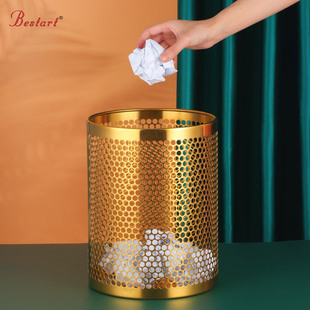Stainless Steel Trash Can Hollow Design Office Trash Bin Home Kitchen Solid Color Simple Lid Hollow Storage Tube