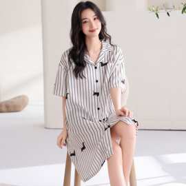 【带胸垫】夏季新款冰雪丝女短袖开衫翻领睡衣时尚休闲女家居服