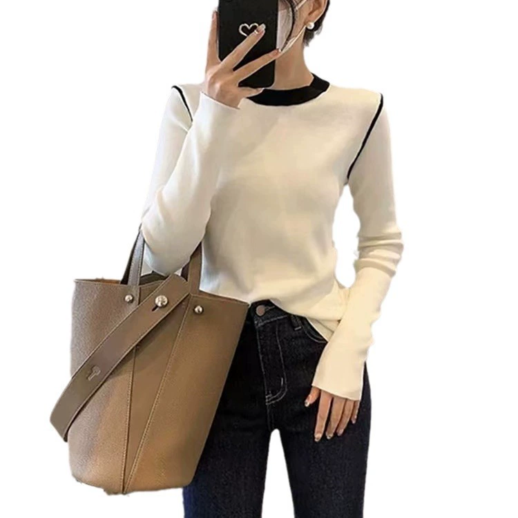 Knit spring sweater, slim fit, round collar, long sleeve, one size (colors: gray/white/black/apricot)