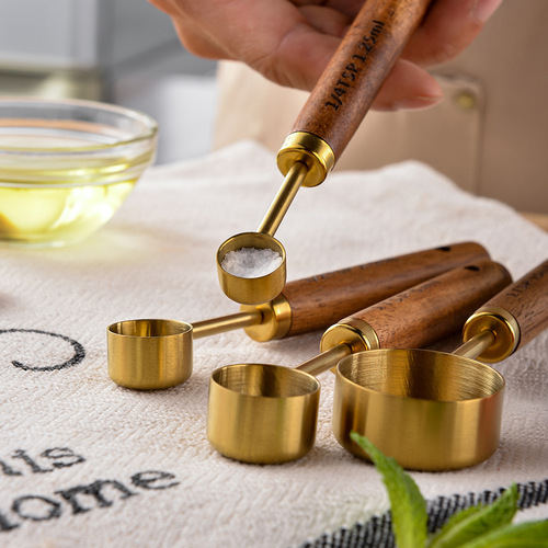 Wooden Handle Stainless Steel Measuring Cup Measuring Spoon 8-piece Baking Tool Set Measuring Spoon Wooden Handle