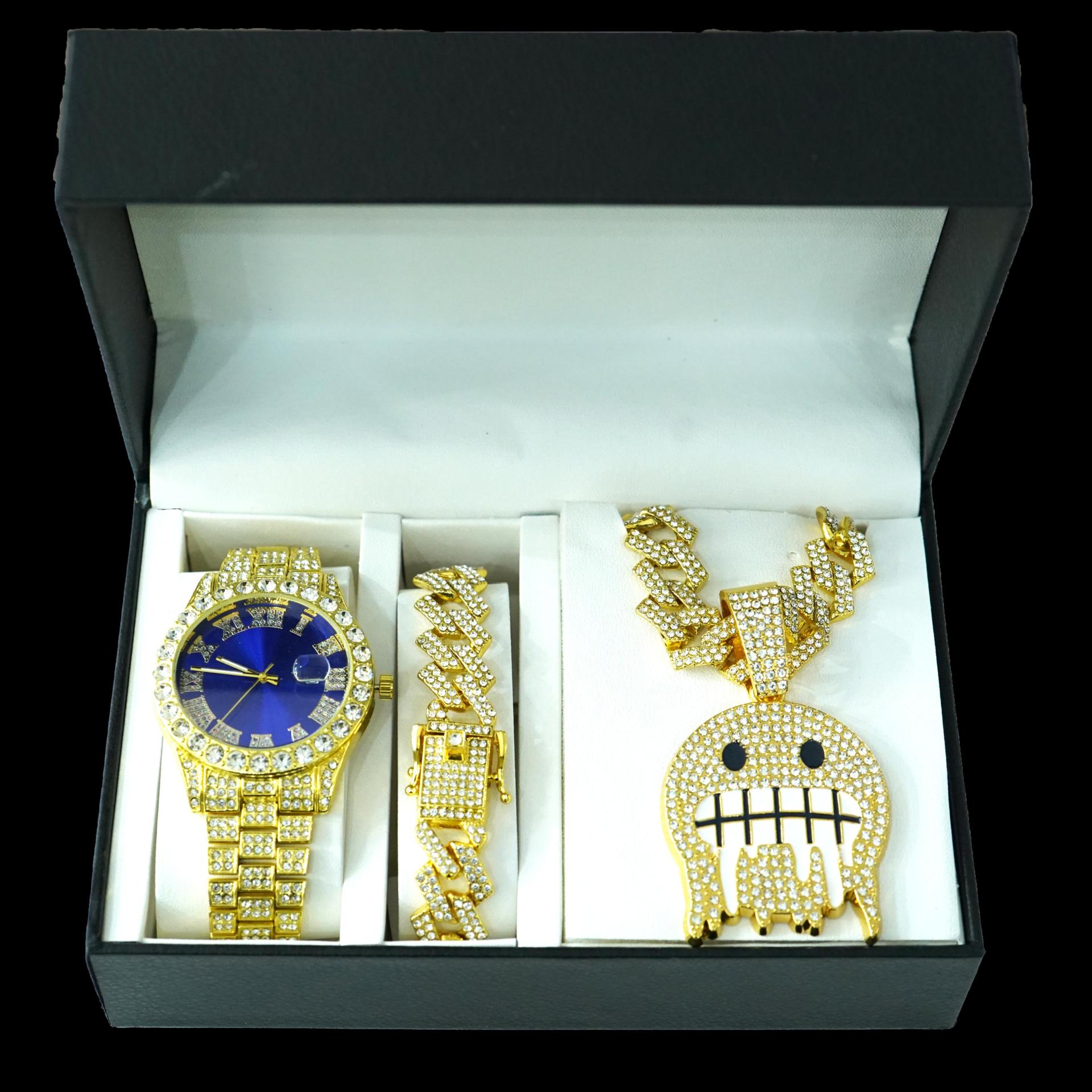 Aleación de alta calidad de moda de diamante de hielo cara colgante de collar de cadena cubana pulsera color reloj conjunto de joyas