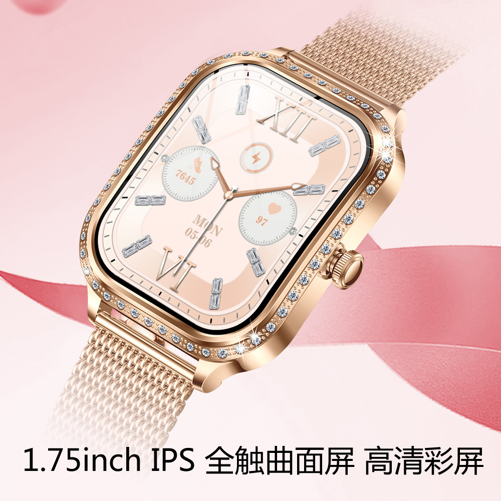 1.75inch Curved Screen Diamond-Encrusted Heart Rate Blood Oxygen Sleep Pedometer Ip68 Waterproof Women's Bluetooth Call Smart Watch