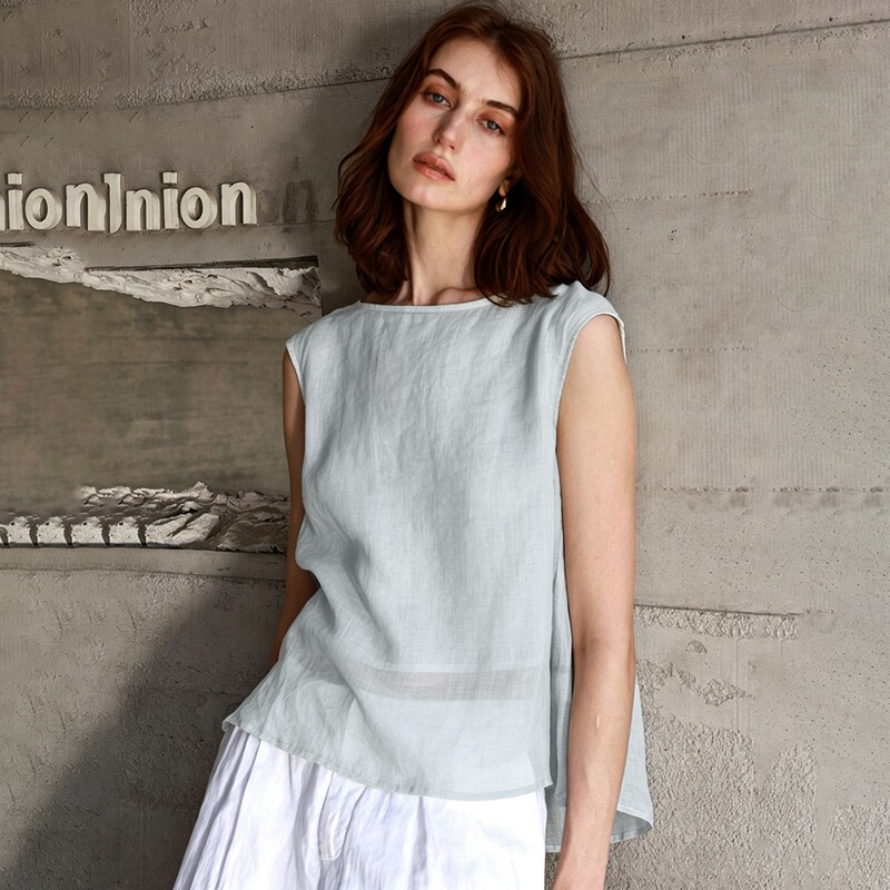 Pure ramie round-neck sleeveless top for women, pleated back tank top, French-style round-neck loose top Pure ramie round-neck sleeveless top for women, pleated back tank top, French-style round-neck loose top