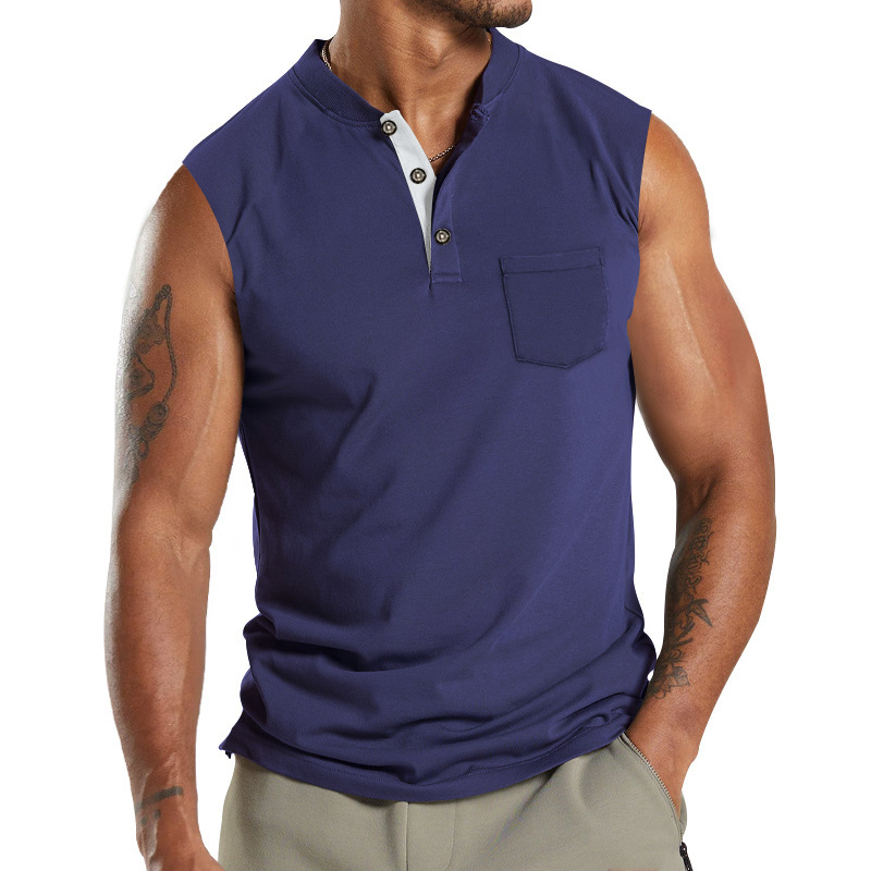 2024 Summer New Kam Shoulder Large Men's Short Sleeve Button Pocket Sleeveless T-shirt_voghion.com