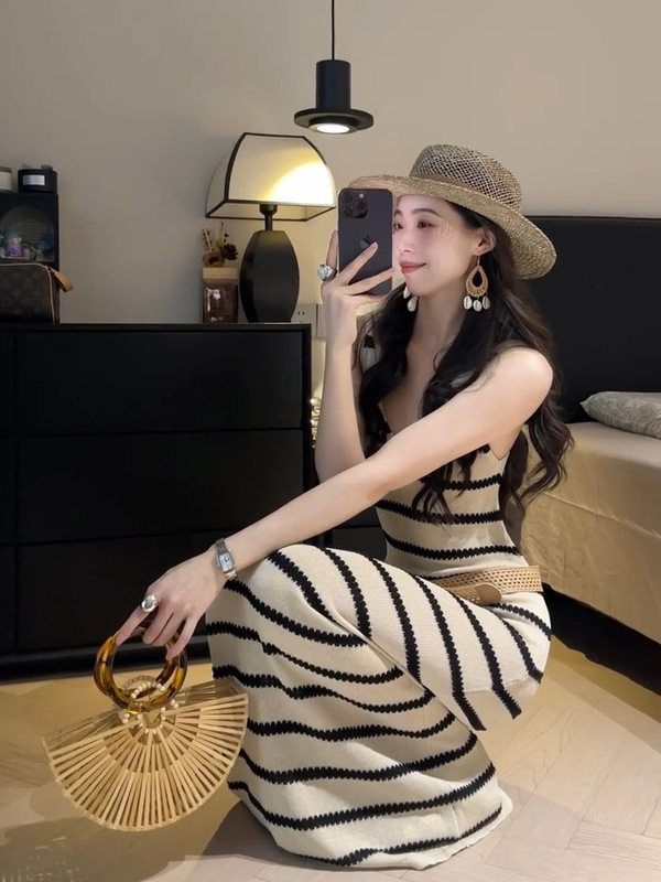 ニッチで美しいスカート、シックで美しいお姉さんサスペンダーニットドレス、夏に超美しい海辺の休暇スカート|undefined
