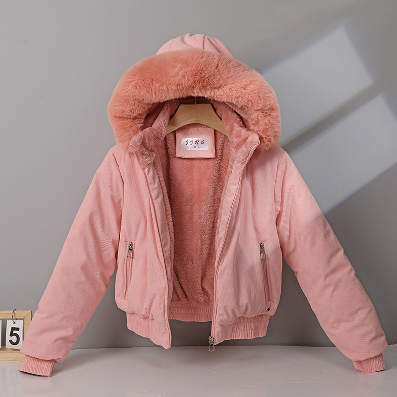 2025外国貿易の新型韓国版綿服の女性の短いタイプの小さい子は綿服の純色の大きい毛の襟の綿入れの上着のファッションを厚くします。|undefined