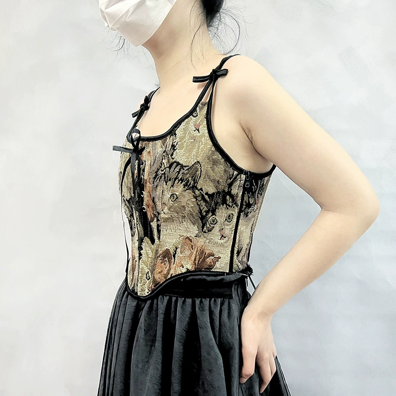 [25529新款夏秋色织提花猫双吊带百搭侧拉链胸衣外穿百搭小背心]
