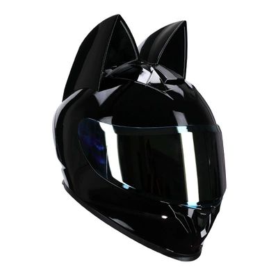 Motosiklet kaskı (dəbilqə): 3C certified cat-ear electric motorcycle helmet - bright-black-cat-eye-with-blue-coated-lenses-s50-53cm