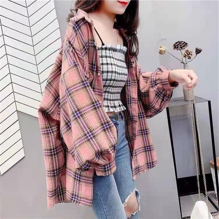 2024 Spring and Autumn Niche Design Loose Plaid Shirt Women's All-match Korean Style Shirt Outer Wear Retro Top Coat