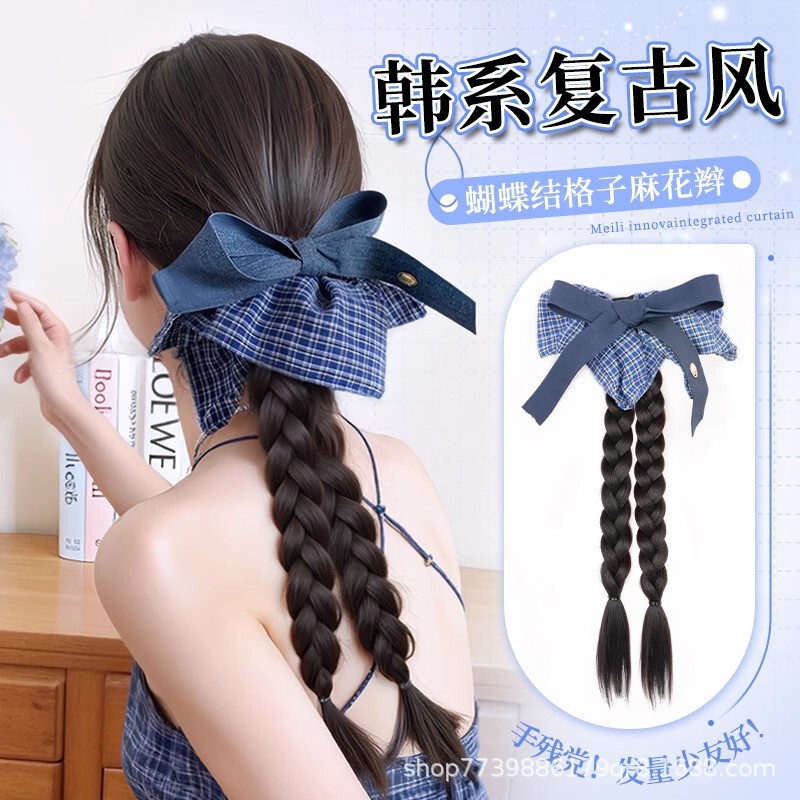 Wig Braid Ponytail Korean-style Blue Plaid Bow Double Braid Long Braid Hair Accessories Artificial Clamp Low Ponytail