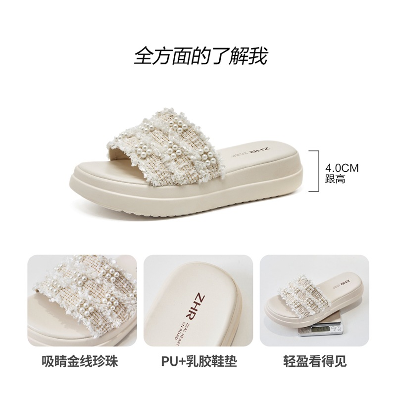 Dép sandal nữ đế bệt phong cách tiên nữ đính ngọc trai — M359 đen