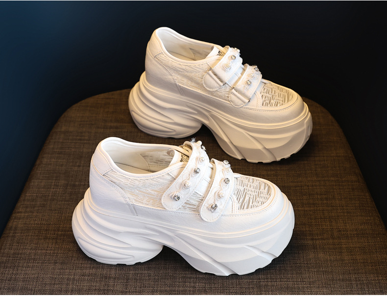 Giày sneaker nữ đế dày chunky, mặt lưới thoáng khí, gắn đá, dán Velcro — Màu trắng chi tiết 7