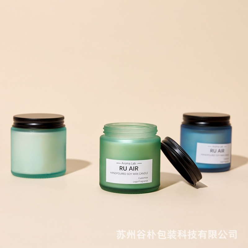 经典蒙砂蜡烛杯玻璃香薰蜡烛罐带黑色金属盖大豆蜡香氛蜡烛容器|undefined