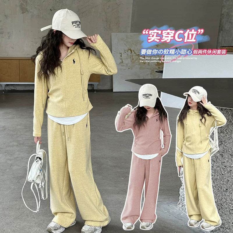 Autumn sports sweatshirt, set for leisure with hood, trousers, for teenagers, Korean style