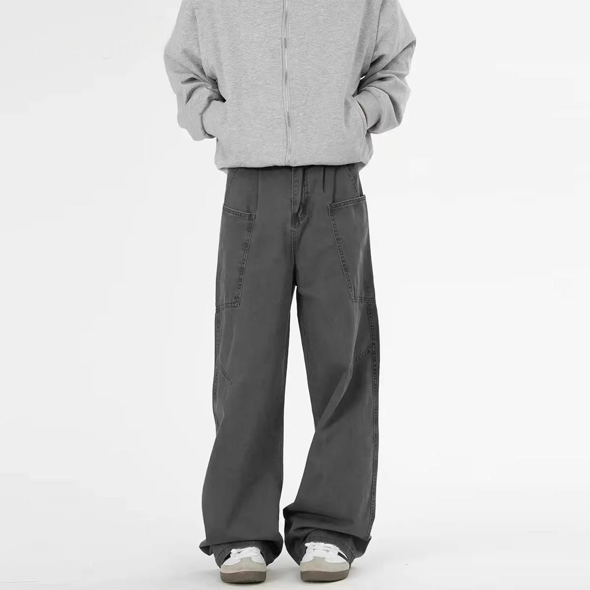 Men's Washed Cargo Pocket Wide Leg Jeans, American High Street Loose Straight Casual Trendy Versatile Denim Pants_mkmklike.com