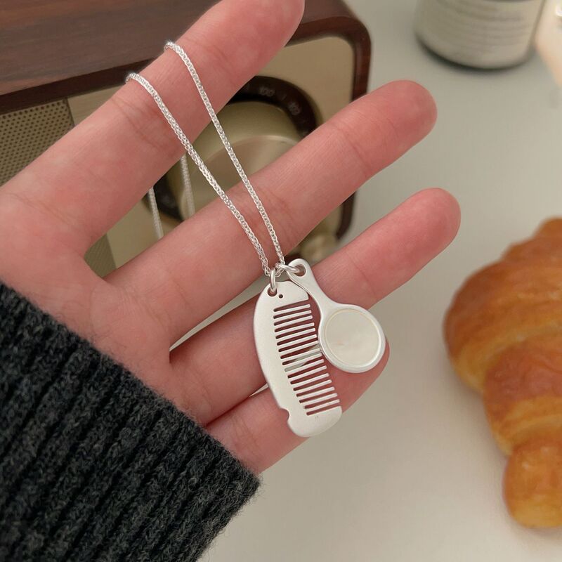 S925 Sterling Silver Comb Mirror Necklace for Women, Niche Light Luxury High-End Fashion Forest Style Sweater Chain Minimalist Style