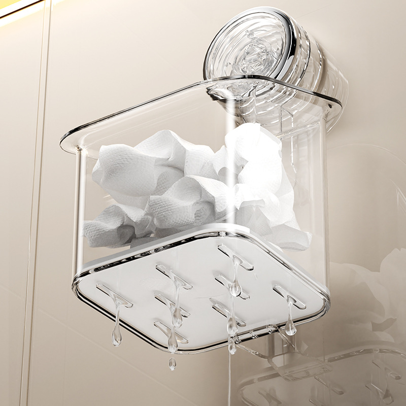 Caja de almacenamiento de toallas faciales desechadas de ventosa colgada en la pared cesta de almacenamiento de estantes para almacenar en la pared de la mesa de lavado del baño