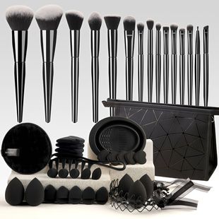 49 Combinations of Cross-Border New 15-Piece Soft-Bristle Makeup Brush Set Black High-End Powder Puff with Bag