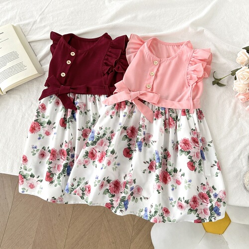Children's Summer New Arrival Floral Edge Short Sleeve Dress with Ties