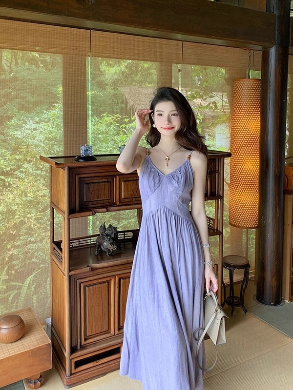 ドーパミン美しい紫色のサスペンダードレス女性の夏 520 デートアイランドバケーションウエストビーチスカート|undefined
