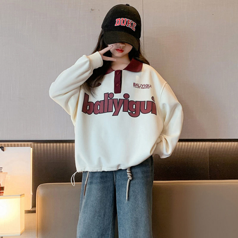 Kinderkleidung Mädchen im Jahr 2024 Neuheit, mittelgroßer Kapuzenpullover mit Polokragen, Reversoberteil, Frühling und Herbst für Kinder_voghion.com