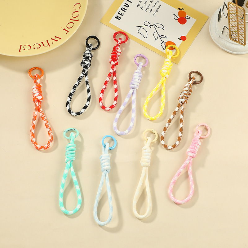 Dopamine Phone Lanyard Houndstooth Color-Blocking Woven Rope DIY Bead Keychain Bag Charm Wrist Strap