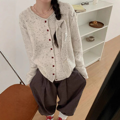 复古彩点杂线圆领围巾飘带毛衣开衫女秋冬宽松软糯波浪纹针织衫潮