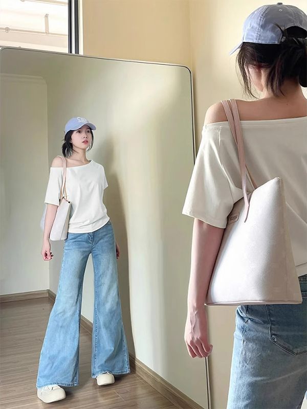 韓国の甘いホットガール超見栄えの良い斜め襟オフショルダー半袖Tシャツ女性用夏スリムフィットシックなトップス女性用卸売|undefined