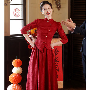 2025 New Toast Dress Bride wine red Chinese-style Vertical Collar Cheongsam Engagement Dress Long Door-back Dress suit