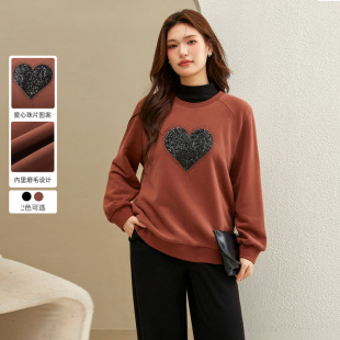 Slim Show plus size Women's Casual Lazy Age-reducing Love Bead Crewneck Pullover Sweat Fat mm2024 Winter New