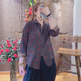复古文艺双层棉纱印花衬衫女秋季新款宽松百搭单排扣翻领长袖上衣