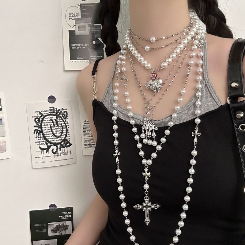 重工多层叠戴十字架珍珠项链女小众轻奢高级感choker锁骨链毛衣链|undefined