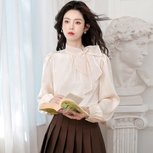 2025秋季高级感缎面衬衫设计感小众衬衣法式气质欧根纱蝴蝶结上衣