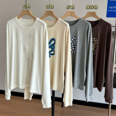 25夏の新型レディース四面高弾柔らかい肌の丸首のゆったりした長袖の底のシャツのtシャツ0512x18