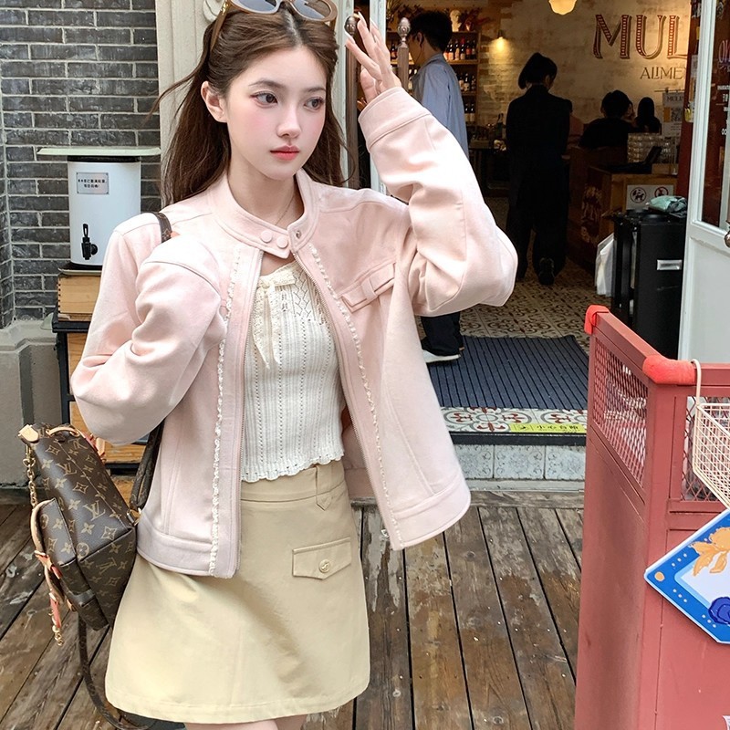 新品Acaine短款长袖粉色廓形麂皮外套秋季美式棒球服夹克显白上衣|undefined