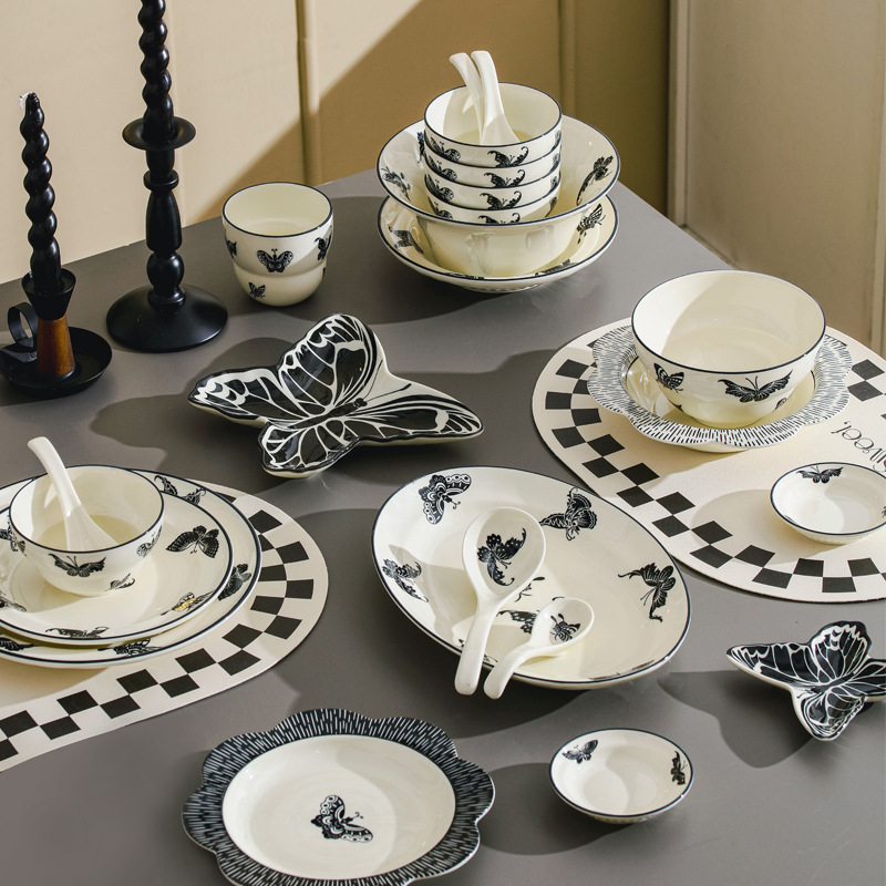Niche butterfly dishes tableware ceramic rice bowl high color value plate bowl full set of household bowls suit bowl wholesale