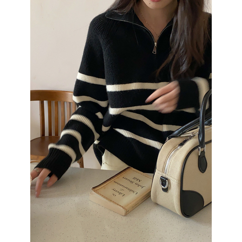 Kaning Korean Style Half-Zip Soft Striped Sweater for Women 2026 Autumn New Retro Half-Turtleneck Knitwear for Women