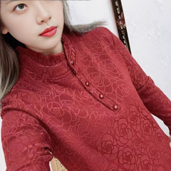 西洋風スリムトップス、ジャカードレースハーフタートルネックボトリングシャツ、女性用秋冬マザーズスリムインナーボトリングシャツ
