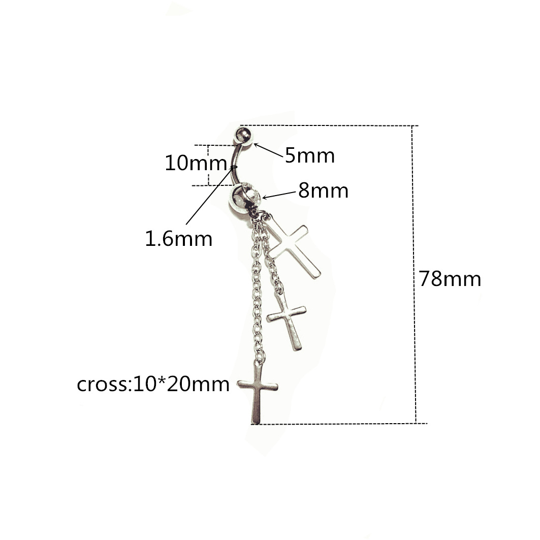 Piercing nombril avec trois croix et chaîne à pompons en acier_voghion.com
