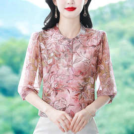 2025夏季新款时尚减龄七分袖印花衬衫气质大码洋气女体恤中年小衫