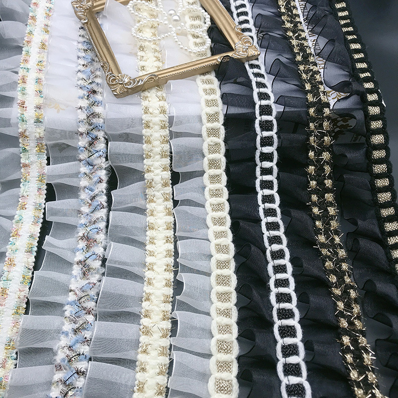 韩式 小香风织带拼接 加密欧根纱褶皱 服装宠物围脖花边辅料压褶