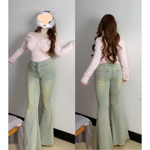 150.00kg plus size Spice Girl Retro High Waist Flared Flared Jeans Chubby Stretch Slim Fit Slim Trousers