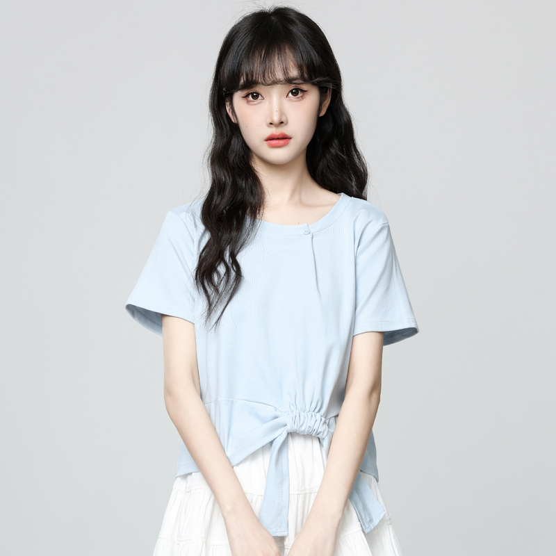蓝色规则绑带短袖T恤女夏5夏季新韩系圆领褶皱体恤短衣|undefined