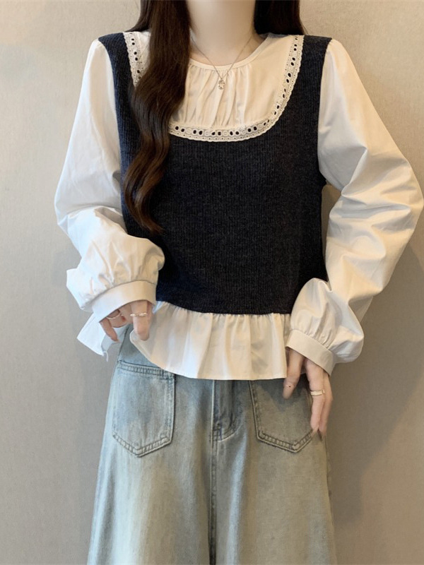 Fake Two-Piece Vest Layered with Long-Sleeved Shirt for Women Early Autumn New Large Size Fat Baby Shirt Puffy Top