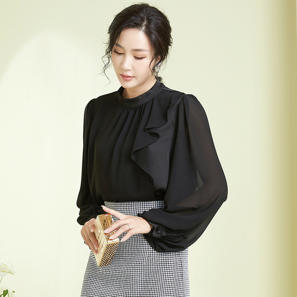 2025 Autumn New Women's Fashion Stand Collar Long Sleeve Straight Chiffon Shirt Solid Color Patchwork Elegant Commuter Chiffon Blouse for Women