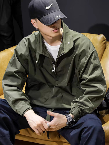 Retro American overalls men's semi-zipper coat spring and autumn fashion brand loose pullover stand-neck jacket