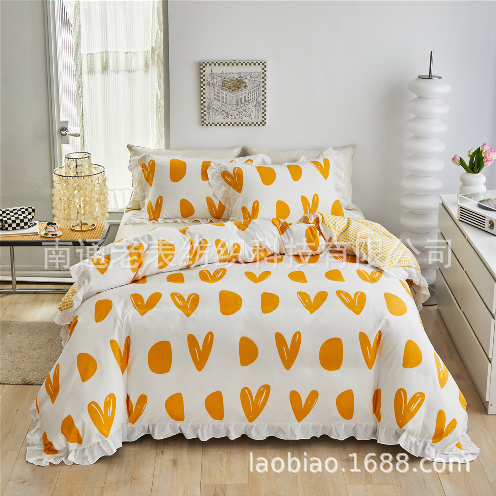 跨境外贸厂家供货速卖通亚马逊床上用品爱心型荷叶边花边被套枕套
