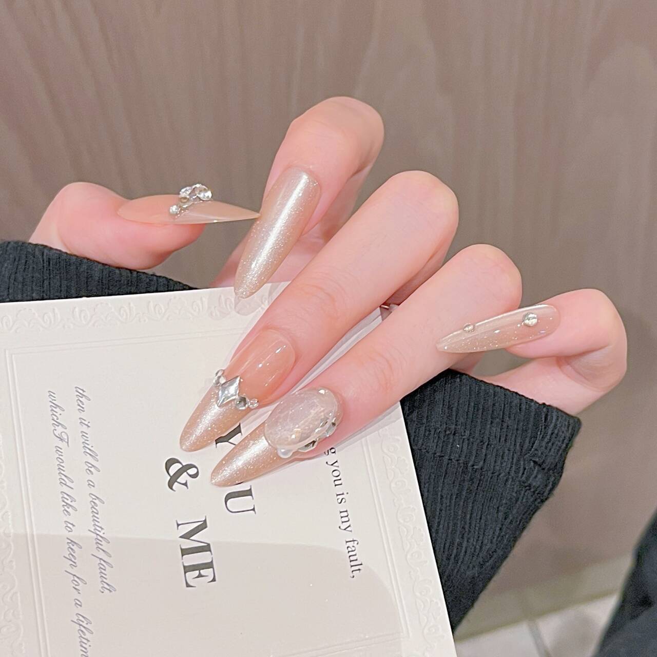 10 piezas de uñas hechas a mano piezas de uñas terminadas al por mayor desmontables ojos de gato plateados transparentes franceses perforación larga almendra