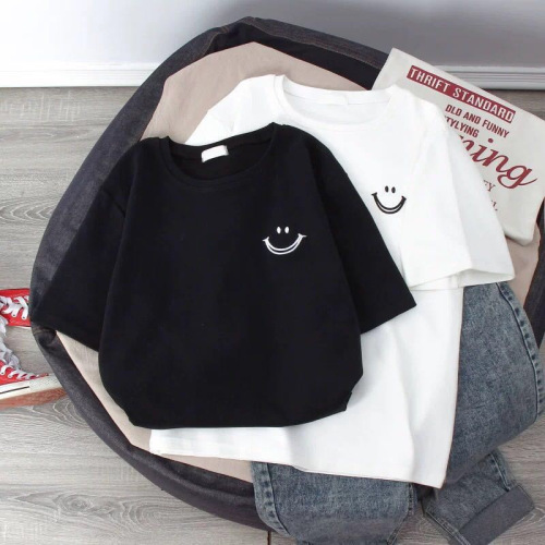 Children's Summer Outfit Smiling Print T-Shirt for Girls, Primary School Students, Korean Style Loose Half-Sleeve Base Layer Top for Boys